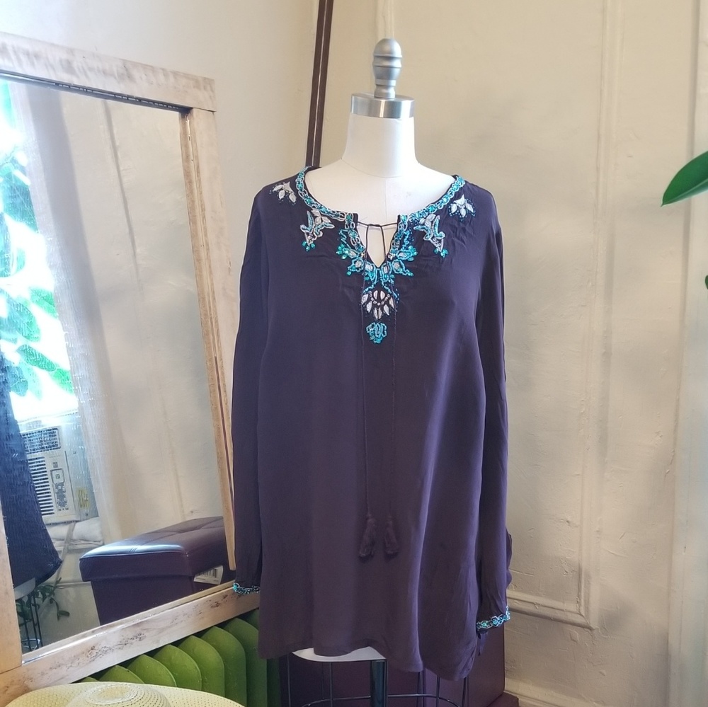 Roaman's Brown/Turquoise Beading Peasant Shirt